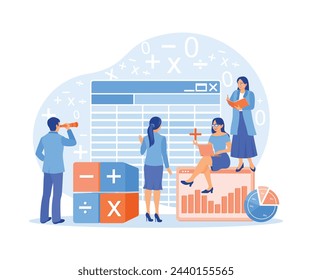 Accountants prepare company bookkeeping reports. Create a financial balance sheet using a laptop. Accounting concepts. Flat vector illustration.