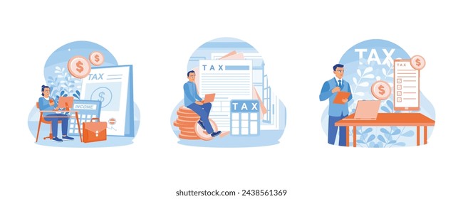 Accountants prepare tax documents. Calculate and check company taxes using a laptop. Businessman filling out tax form online. Tax Audit concept. Set flat vector illustration.