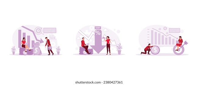 Accountants reduce office operational costs. Two entrepreneurs are making a business strategy. Businessman holding dollar coins. Cost Reduction concept. set trend modern vector flat illustration svg