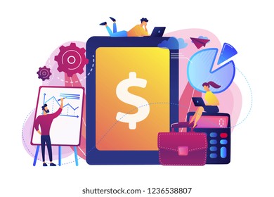 Accountants work with financial transactions software and tablet. Enterprise accounting, IT accounting system, smart enterprise tools concept. Bright vibrant violet vector isolated illustration