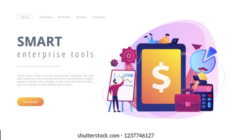 Accountants work with financial transactions software and tablet. Enterprise accounting, IT accounting system, smart enterprise tools concept. Website vibrant violet landing web page template.