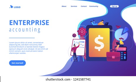 Accountants work with financial transactions software and tablet. Enterprise accounting, IT accounting system, smart enterprise tools concept. Website vibrant violet landing web page template.