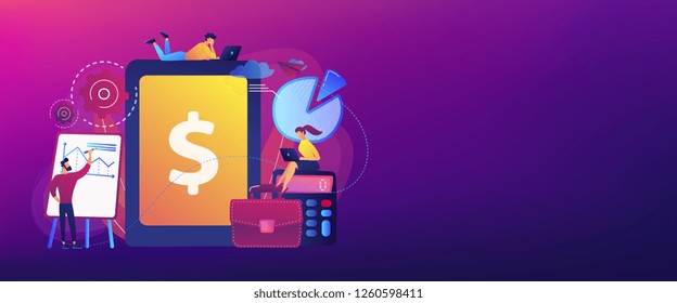 Accountants work with financial transactions software and tablet. Enterprise accounting, IT accounting system, smart enterprise tools concept. Header or footer banner template with copy space.