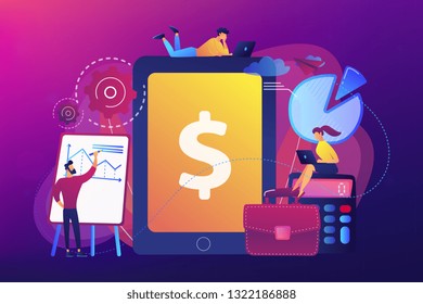 Accountants work with financial transactions software and tablet. Enterprise accounting, IT accounting system, smart enterprise tools concept. Bright vibrant violet vector isolated illustration