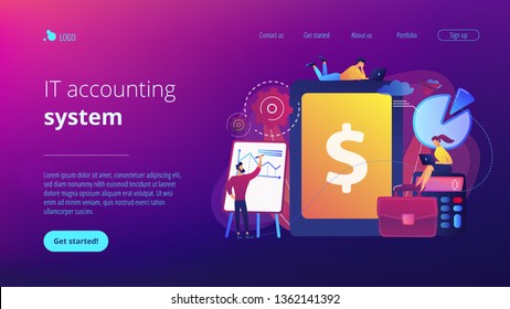 Accountants work with financial transactions software and tablet. Enterprise accounting, IT accounting system, smart enterprise tools concept. Website vibrant violet landing web page template.