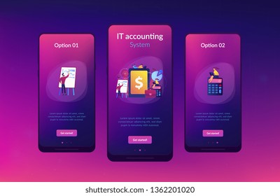 Accountants work with financial transactions software and tablet. Enterprise accounting, IT accounting system, smart enterprise tools concept. Mobile UI UX GUI template, app interface wireframe