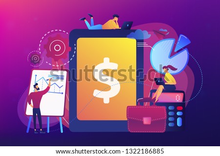 Accountants work with financial transactions software and tablet. Enterprise accounting, IT accounting system, smart enterprise tools concept. Bright vibrant violet vector isolated illustration