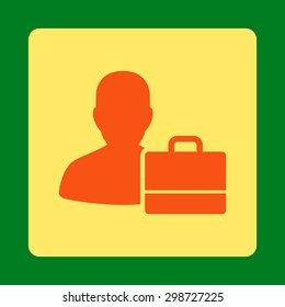 Accounter icon from Commerce Buttons OverColor Set. Vector style is orange and yellow colors, flat square rounded button, green background.