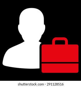 Accounter icon from Commerce Set. Vector style: bicolor flat symbol, red and white colors, rounded angles, black background.