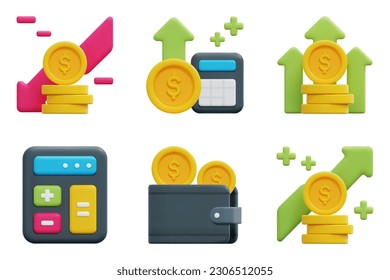 Accounting 3d vector icon set. Calculator, income, loss, profit, revenue, save money. Isolated on white background. 3d icon vector render illustration.