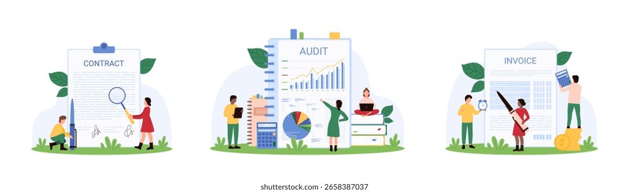 Contabilidad, conjunto de evaluación de contadores. La gente minúscula investiga la Factura financiera, el contrato en el Portapapeles y el documento del informe de auditoría con la calculadora y la Ilustración vectorial de la historieta de la lupa