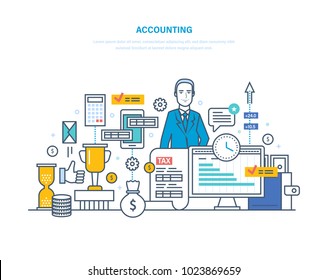 Accounting, analysis, audit. Management, market research, working with documentation. Financial accounting, deposits, taxes, tax form, control over expenses and incomes. Illustration thin line design.