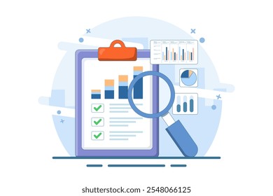 accounting analytics concept with graphs, audit research on computer, flat cartoon, big paper financial report data analysis on pc and magnifying glass, digital document success check.	
