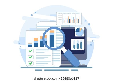 conceito de análise contábil com gráficos, pesquisa de auditoria no computador, desenho animado plano, análise de dados de relatório financeiro de papel grande no pc e lupa, verificação de sucesso de documento digital.	
