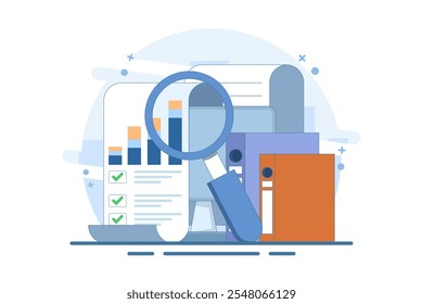 conceito de análise contábil com gráficos, pesquisa de auditoria no computador, desenho animado plano, análise de dados de relatório financeiro de papel grande no pc e lupa, verificação de sucesso de documento digital.	
