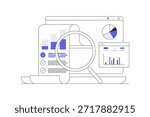 Accounting analytics with graphs, audit research, financial report data analysis magnifying glass, digital document success check. Flat Cartoon Vector Illustration, icon Stylish abstract design landing page web