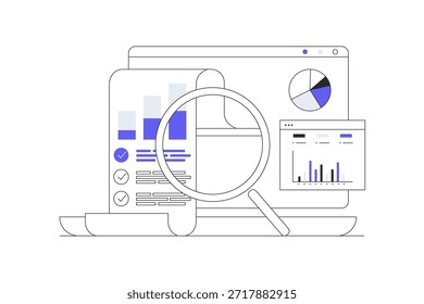 Análisis contable con gráficos, investigación de auditoría, análisis de datos de informes financieros, comprobación del éxito de documentos digitales. Ilustración vectorial plana de la historieta, icono Web elegante de la página de aterrizaje del diseño abstracto