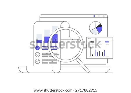 Accounting analytics with graphs, audit research, financial report data analysis magnifying glass, digital document success check. Flat Cartoon Vector Illustration, icon Stylish abstract design landing page web