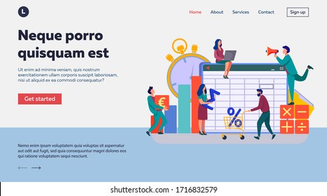 Accounting app vector illustration. Professionals working on financial reports, analyzing data sheet. Team of accountant using bookkeeping software