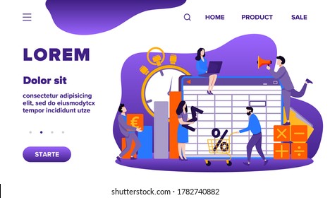 Accounting App Vector Illustration. Professionals Working On Financial Reports, Analyzing Data Sheet. Team Of Accountant Using Bookkeeping Software