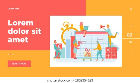 Accounting app vector illustration. Professionals working on financial reports, analyzing data sheet. Team of accountant using bookkeeping software
