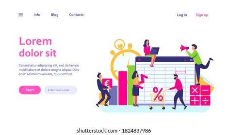 Accounting app vector illustration. Professionals working on financial reports, analyzing data sheet. Team of accountant using bookkeeping software