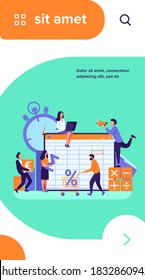 Accounting app vector illustration. Professionals working on financial reports, analyzing data sheet. Team of accountant using bookkeeping software