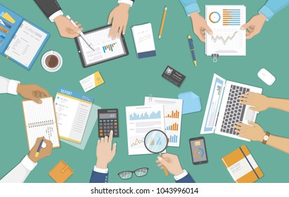 Accounting, audit, business meeting,calculation, data analysis, reporting. People at work. Human hands on a table with documents, graphs, charts, notebook, phone, laptop, tablet, calculator. Vector 