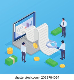 Accounting and audit concept with budget calculation symbols isometric vector illustration