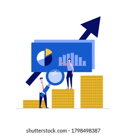 Rechnungslegungs- und Prüfkonzept mit Zeichen, statistischen Daten, Münzen. Moderne Vektorgrafik im flachen Stil für Landing Page, Mobile App, Poster, Template, Web Banner, Infografiken, Heldenbilder.