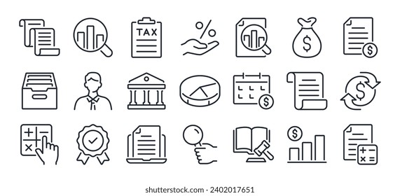 Accounting, audit, financial report editable stroke outline icons set isolated on white background flat vector illustration. Pixel perfect. 64 x 64.