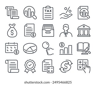 Contable, auditoría, informe financiero editable trazo contorno iconos conjunto aislado en fondo blanco Ilustración vectorial plana. Píxel perfecto. 64 x 64