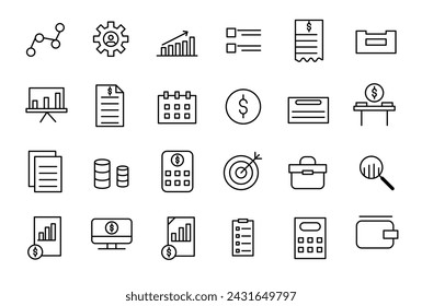 Conjunto de iconos de contabilidad y auditoría. Colección de iconos de línea de impuestos y contabilidad. Comprobar y auditar la colección de iconos de línea.