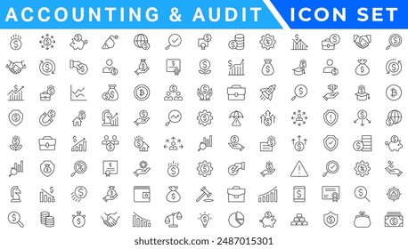 Accounting and audit icon set. Taxes and accounting line icons collection. Check and audit line icons collection. Containing financial statement, accountant, financial audit. Vector illustration