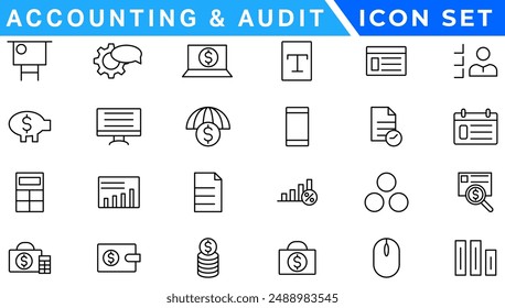 Accounting and audit icon set. Taxes and accounting line icons collection. Check and audit line icons collection. Containing financial statement, accountant, financial audit. Vector illustration