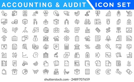 Accounting and audit icon set. Taxes and accounting line icons collection. Check and audit line icons collection. Containing financial statement, accountant, financial audit. Vector illustration