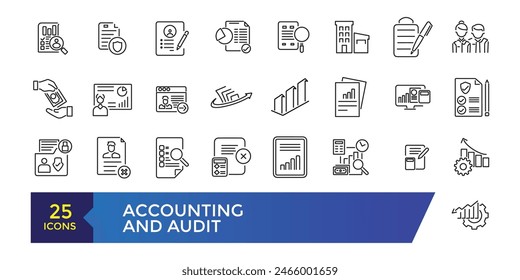 Accounting and audit icons set. Related to accounting, audit, taxes. Outline icon collection. Editable stroke illustration. Vector ui and web icon.
