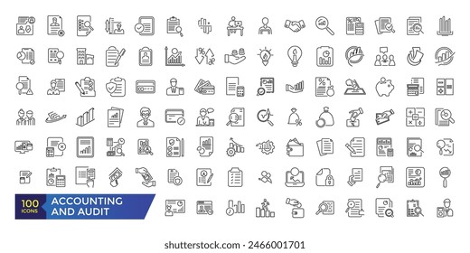 Symbole für Buchhaltung und Prüfung gesetzt. Im Zusammenhang mit Rechnungslegung, Audit, Steuern. Kollektion des Gliederungssymbols. Bearbeitbare Konturdarstellung. Vektorgrafik-Benutzeroberfläche und Web-Symbol.