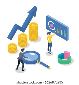Accounting and audit isometric color vector illustration. Revenue increase. Economic growth. Workers developing business plan. Data analysis and statistics. 3d concept isolated on white background