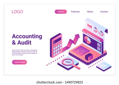 Accounting and audit isometric landing page template. Financial analytics report on 3d screen. Company growth rates statistics in pie charts. Consulting services website page design layout