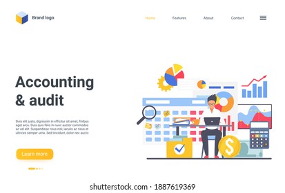 Accounting and audit landing page vector template. Bookkeeping website interface idea with flat illustrations. Banking homepage layout. Online finance advisor web banner, webpage cartoon concept