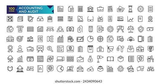 Accounting and Audit line icons related to accounting, audit, taxes. Outline icon collection. Business symbols. Vector illustration.