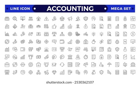 Ícones de estrutura de tópicos de contabilidade e auditoria definidos. Relacionados com contabilidade, auditoria, impostos. Contornar a coleção de ícones. Ícone de economia, negócios, finanças, gerenciamento, imposto, transação e cálculo. 
