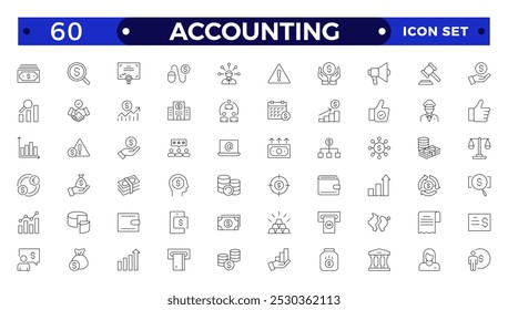 Ícones de estrutura de tópicos de contabilidade e auditoria definidos. Relacionados com contabilidade, auditoria, impostos. Contornar a coleção de ícones. Ícone de economia, negócios, finanças, gerenciamento, imposto, transação e cálculo. 
