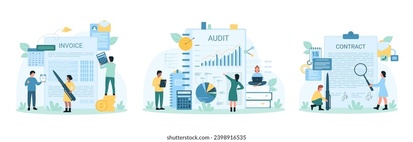 Accounting and audit set vector illustration. Cartoon tiny people with magnifier check invoice, contract and budget planning, accountants calculate revenue and taxation, finance document management