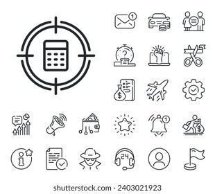 Accounting or Audit sign. Salaryman, gender equality and alert bell outline icons. Calculator in target line icon. Calculate finance symbol. Calculator target line sign. Vector