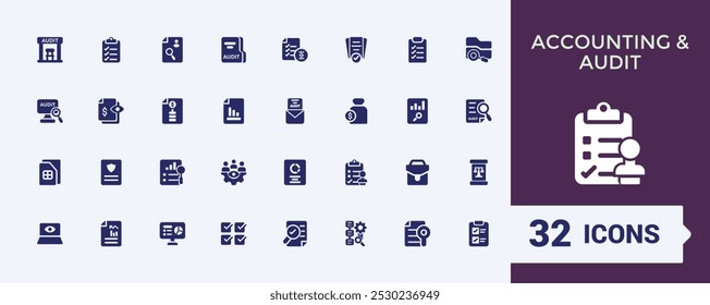 Accounting and audit solid icos set. Related to financial statement, accountant, financial audit, invoice and more. Editable Filled icon collection. Pixel perfect. Vector illustration.