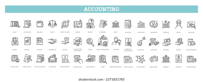 Accounting, audit, taxes icons set. Outline icon collection. Business symbols