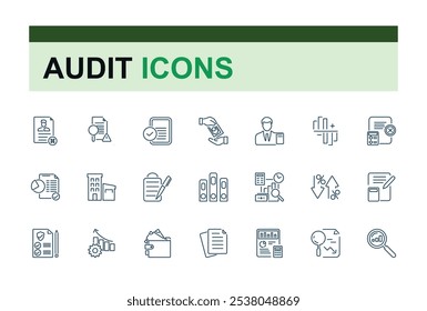 Symbolsatz für Buchungs- und Prüfungs-Thin Line. Enthält im Zusammenhang mit Inspektion, Konzept, Bank, Management, Scheck, Audit, Rate und mehr. Design des Symbols für die dünne Benutzeroberfläche. Bearbeitbarer Strich.