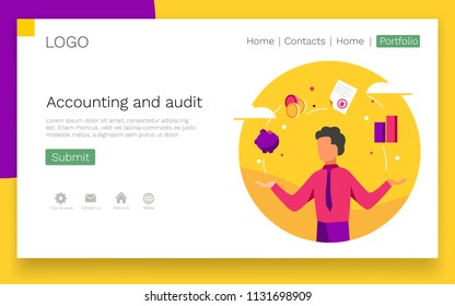 Accounting and audit web design concept. Modern colorful design. Landing page template. Vector illustration.